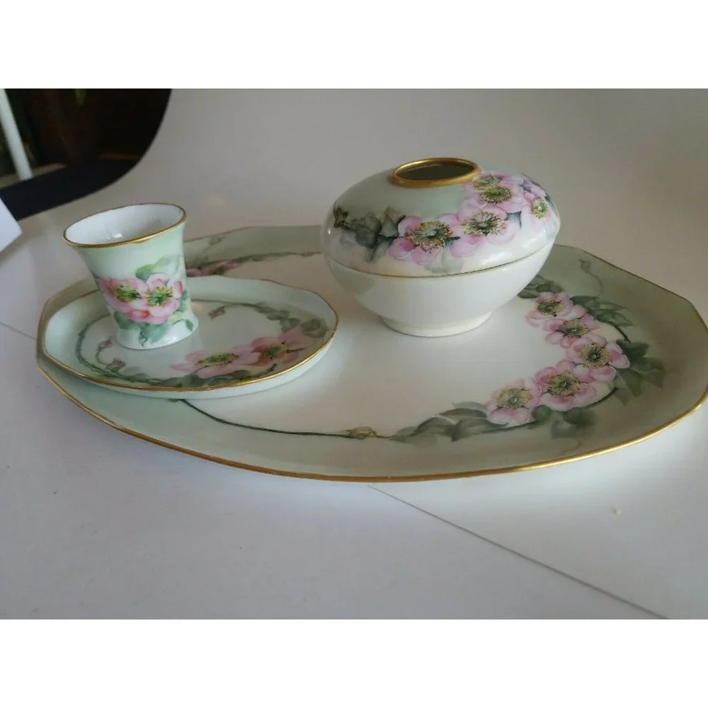 Antique MZ AUSTRIA Porcelain Hand Painted Flowers Vanity/Dresser Set 4 pieces